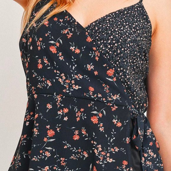 paper crane Black Multicolor Floral Double Print Surplice Wrap Peplum Tank Top - Picture 7 of 14